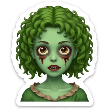 faça uma garota zombie, com a pele verde, cabelo castanho cacheado abaixo do ombro linda sticker