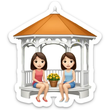 Two small brunette women sitting under a large white gazebo sticker