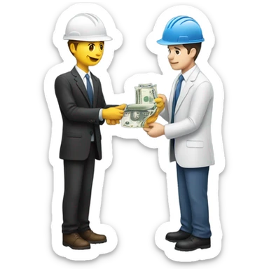 A guy in a suit receiving money from a guy on the ground, but the guy on the ground is a construction worker, both people have white skin sticker