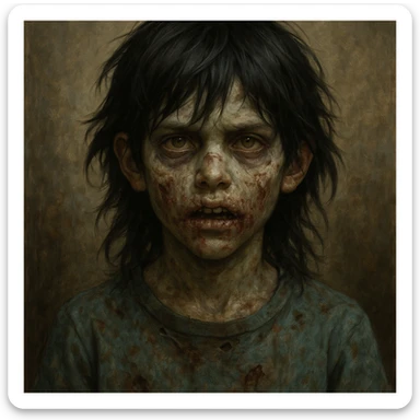 boy zombie with long black wolf cut hair, detailed, expressive sticker