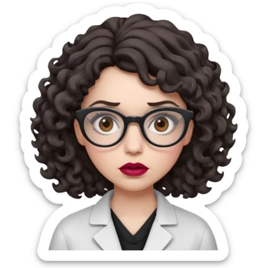 A crazy female scientist, with curly-wavy dark brown medium lenght hair, brown eyes and light grey glasses and pale skin and pinkish lips, dressed to look like an english teacher but in neutral tones like grey black white, maybe with the pop of dark red, she should look slighltly mad/crazy sticker