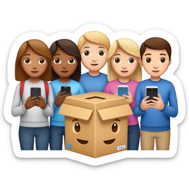 Students handing over their phones to a cartoon box sticker