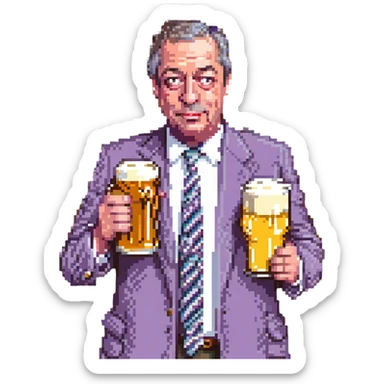 Make it funny: Nigel Farage looking grumpy but comically exaggerated, holding a pint of lager, in a pixel art style, with no background. sticker