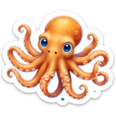 Cinematic Cute smiling Octopus Portrait Emoji, Head tilted playfully and inquisitively, featuring a rounded, light orange body embellished with playful blue rings, eight adorably curling arms, and big, twinkling eyes full of wonder, Simplified yet irresistibly adorable features, highly detailed, glowing with a warm, inviting underwater glow, high shine, affectionate and lively, stylized with a touch of whimsical cartoon charm, soft glowing outline, capturing the essence of a mischievous yet loving octopus that seems as if it could bob out of the screen into your arms! sticker