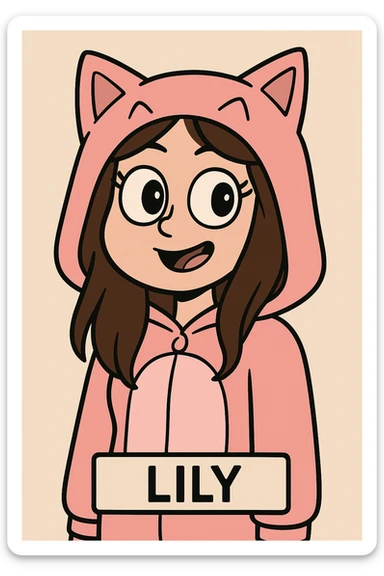 cartoon face of Lily inspired by the reference image, pink cat onesie hood, big brown eyes, long brown hair sticker