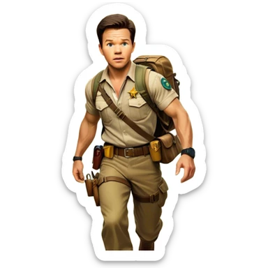 A vintage movie poster-style collage. Include action-packed elements like a treasure map, jungle scenes, a rugged explorer with a compass and a speeding jeep. Add a shadowy figure resembling close-up Mark Wahlberg in adventurous gear. Dramatic lighting, dynamic composition. Transparent background. sticker