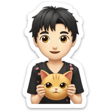 Japanese boy, with black cat eats and a cute hair style sticker