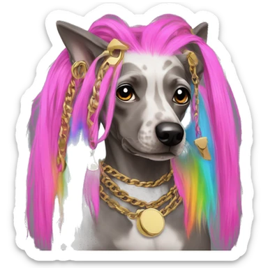 Punk Chinese crested dog neon rainbow hair gold chain punk piercings tattoos punk ear piercings sticker