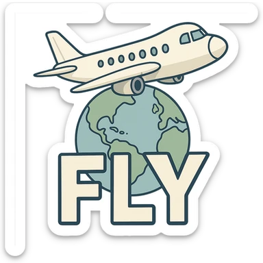 airplane flying over globe with FLY in bold letters, flat toon style sticker