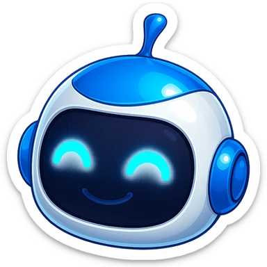 Robot head only, matching the style and colors of the reference robot (blue and white), extra shiny head, glowing blue eyes, cute and friendly expression, no background, in the style of the reference robot. sticker