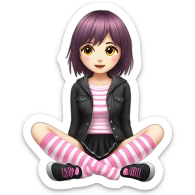 full body Front view emo girl sits on the floor black skirt pink knickers long striped socks sticker