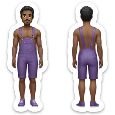 black haired man with purple overalls, no shirt, white man, no facial hair sticker