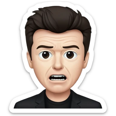Rick Astley having a kinda worried face but with front teeth out, the background is pitch black, and Rick Astley is almost pitch black sticker