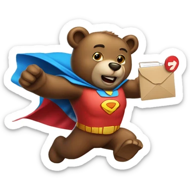 superhero bear flying and holding a mailbox sticker
