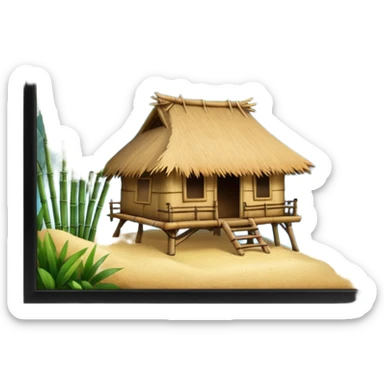 bamboo hut with volcano in the back in Volcano Island  sticker