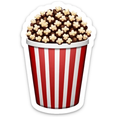 Chocolate popcorn in a paper jar with red and white vertical lines sticker