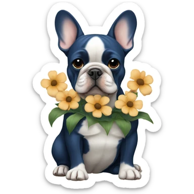 dark blue and tan french bulldog holding flowers sticker