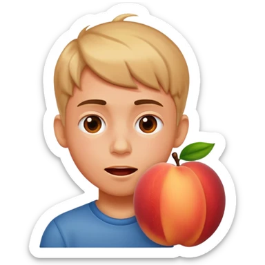 Boy with his face stuck in a juicy peach sticker