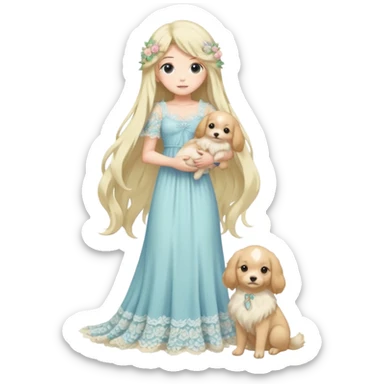 Pastel anime lady long hair with long lace dress full body holding puppy sticker