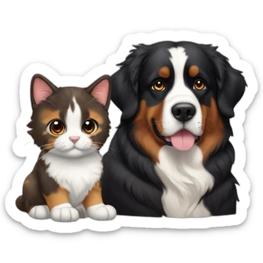 A Bernese dog next to A black and brown tortoiseshell cat with no white fur sticker