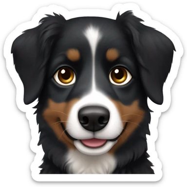 Small black australian shepherd dog with dark brown eyes and black face sticker
