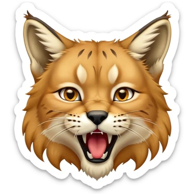 Cinematic-detailed-Yawning-Lynx-Portrait-Emoji – Head tilted slightly with a dramatic, wide-open yawn, revealing a sleek golden-brown fur coat with subtle spots, signature black ear tufts standing tall, round amber eyes barely open in drowsy contentment. sticker