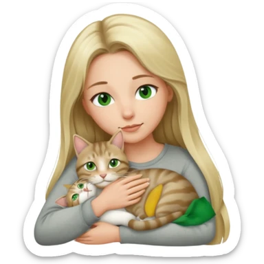 Long blonde hair green eyes woman snuggling gray tabby cat sticker