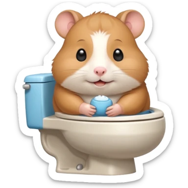 Cute chubby cartoon-style hamster sitting on toilet, sticker-style illustration sticker