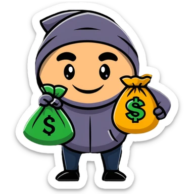 happy thief with a money bag and a big grin sticker