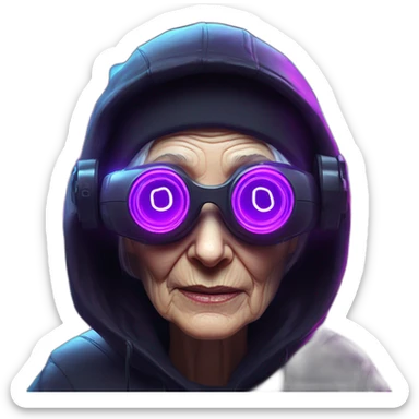 Russian old woman wearing a black hoodie with "OMG" letters on it and VR headset in a cyberpunk VR environment with violet neon lighting. sticker