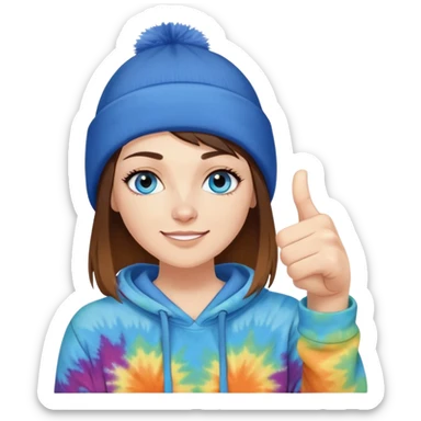White woman with short brown straight hair and blue eyes with long eyelashes and tiedye hoodie. i would like for her to be doing a thumbs up with one hand and be wearing a black beanie sticker