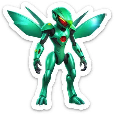 a shiny metallic Genesect-Flygon-Raptor-Fakémon-Medabot-hybrid with a futuristic visor-helmet full body sticker