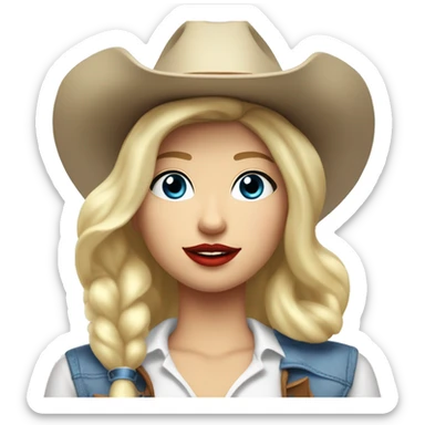cowgirl with a white cowgirl hat and white scarf and blonde blowout BOB hair with red lipstick and BLUE EYES and a dimple and a white top sticker
