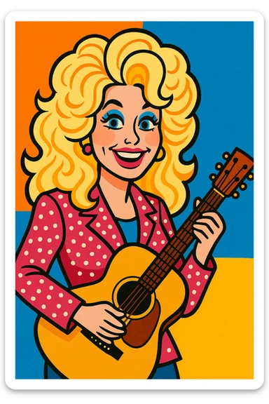 Dolly Parton holding a guitar, wearing a rhinestone jacket, iconic look sticker
