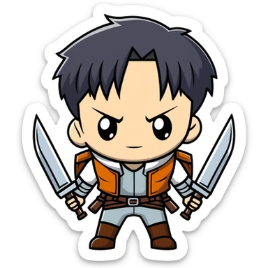 Levi Ackerman from Attack on Titan, with serious expression, wielding ODM gear sticker