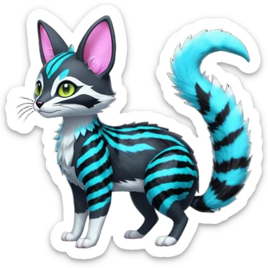 Fantasy abyssal pitch-Black-coated fur with glowing bioluminescent random colorful neon-markings divine beautiful elegant pretty precious cute young youthful  Fakémon-Pokémon-alien-opossum-feline-serval-caracal-chinchilla-Minccino-hybrid-creature with a big fluffy bushy striped tail (full body) sticker