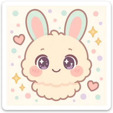 kawaii chibi-style bunny emoji with shy mood, round fluffy face, sparkly eyes, blushing cheeks, pastel color palette, soft rounded design, anime-style, sparkles and hearts, vector art, transparent background sticker