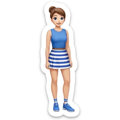 smiling girl Pretty 50-year-old woman with 1 miniskirt that is blue and white striped brown hair in bun blue eyes and pretty legs sticker