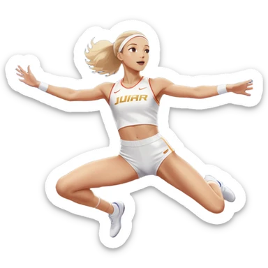 An icon featuring a female high jumper in mid-air, gracefully clearing a bar on a track. She wears a white athletic uniform and appears focused, with the background showcasing a vibrant stadium with cheering spectators and bright lights. Transparent background highlights the elegance  sticker