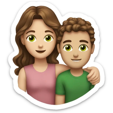 A guy with green eyes and brown hair hugs a girl with green eyes and brown wavy hair sticker