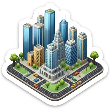An icon showing a city-building game interface, inspired by Sim City. The design features a bustling city with roads, skyscrapers, and parks, with buildings being constructed and managed. The game’s interface, with stats and controls, is visible at the top. Transparent background. sticker