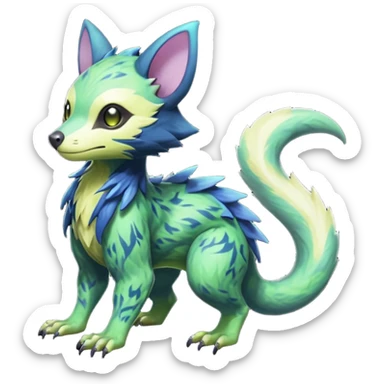 Realistic Sharp swampy mossy elemental ivy detailed Colorful translucent luminescent glowing Trico-Noibat-batty-Sergal-Furret-Ferret-Wolverine-Vernid-furry-fursona-fusion-Fakemon-animal-hybrid-creature, full body sticker