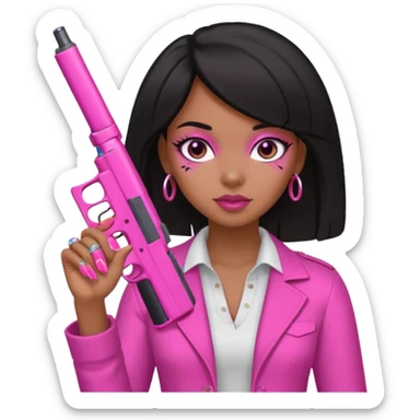 Black Girl hand pink nails holding pink gun with black eyes sticker