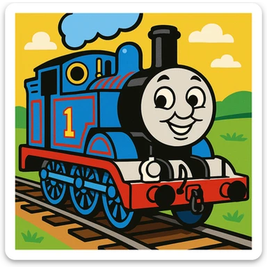 Thomas the Tank Engine, cheerful, blue train, cartoon style sticker