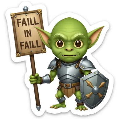 A glgreen colored goblin clad in armor holding a wooden sign that reads "Fail". sticker