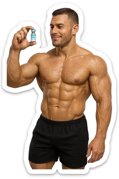 BODYBUILDER A FIGURA INTERA CHE TIENE IN MANO UNA FIALA MEDICA CON la scritta "BPC 157" SULL'ETICHETTA E LA GUARDA SODDISFATTO, iperrealistico 4k sticker