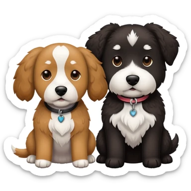 2 dogs: one light brown  doodle, one doodle all black with white eyebrows some white markings, no brown coloring. Both same size. sticker