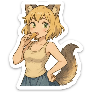 anime style furry girl with wolf ears and tail, short blonde hair, green eyes, hourglass body, eating a snack, cute pose, ghibli style sticker