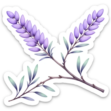 The art style is clean line art with delicate watercolor textures, pastel colors, and a dominant palette of lavender, soft lilac, and muted purple. Let the branch be more elongated and one sticker
