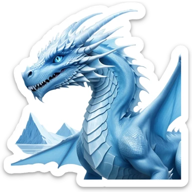 Cinematic Noble wise elegant Ice Dragon Portrait Emoji, Poised and imposing, distinct long elegant snout, with a slender, scaled body shimmering in glacial hues of icy blue, frostbitten silver, and crystalline white, breathing out frost, with piercing, glowing ice blue white eyes that radiate the chilling depths of an arctic storm; rendered in detail. Breathing out a frost mist sticker